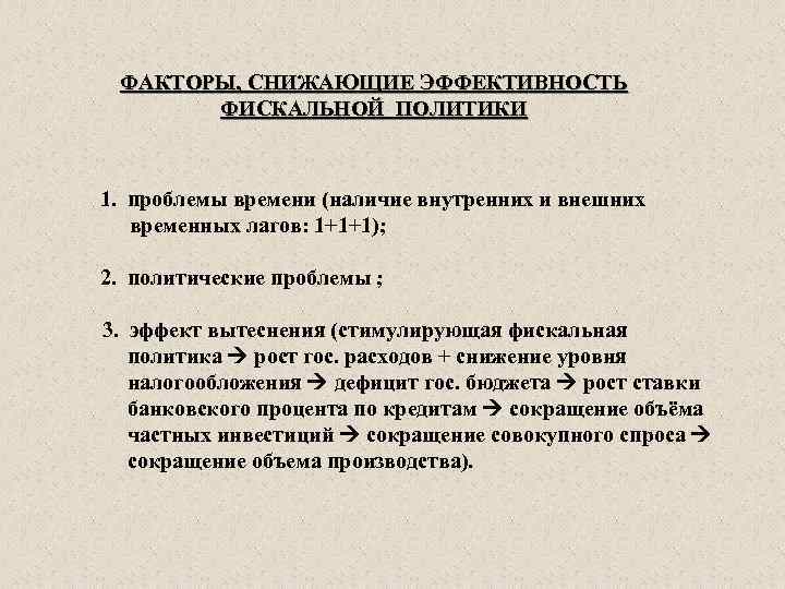 ФАКТОРЫ, СНИЖАЮЩИЕ ЭФФЕКТИВНОСТЬ ФИСКАЛЬНОЙ ПОЛИТИКИ 1. проблемы времени (наличие внутренних и внешних временных лагов: