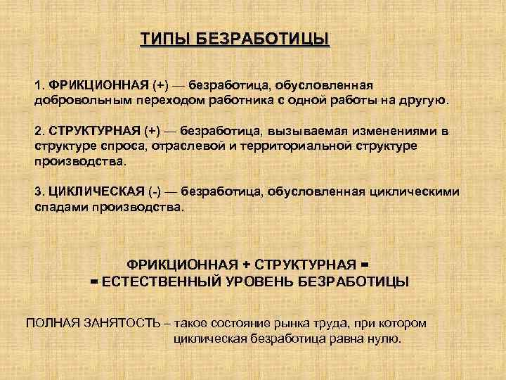 ТИПЫ БЕЗРАБОТИЦЫ 1. ФРИКЦИОННАЯ (+) — безработица, обусловленная добровольным переходом работника с одной работы