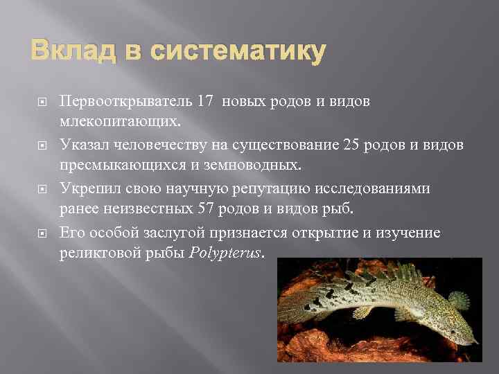 Вклад в систематику Первооткрыватель 17 новых родов и видов млекопитающих. Указал человечеству на существование
