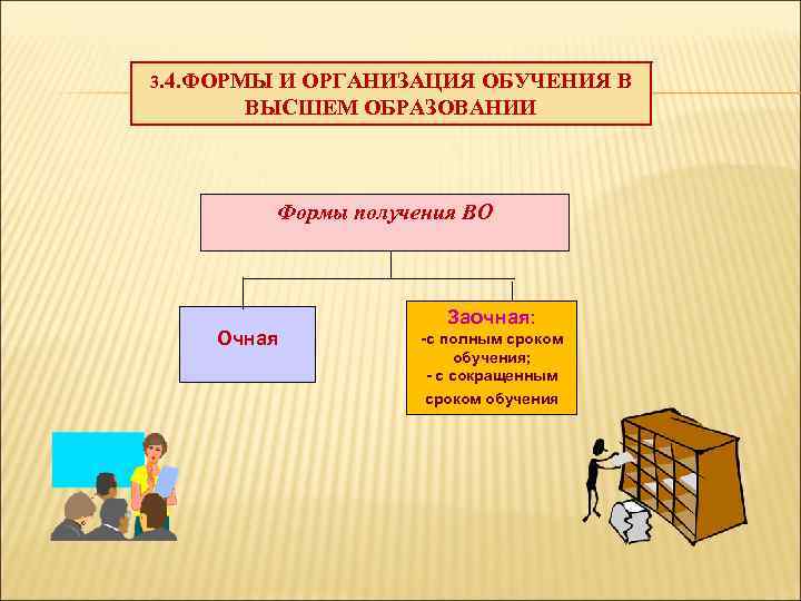 3. 4. ФОРМЫ И ОРГАНИЗАЦИЯ ОБУЧЕНИЯ В ВЫСШЕМ ОБРАЗОВАНИИ Формы получения ВО Очная Заочная: