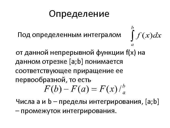 Определение Под определенным интегралом от данной непрерывной функции f(x) на данном отрезке [a; b]