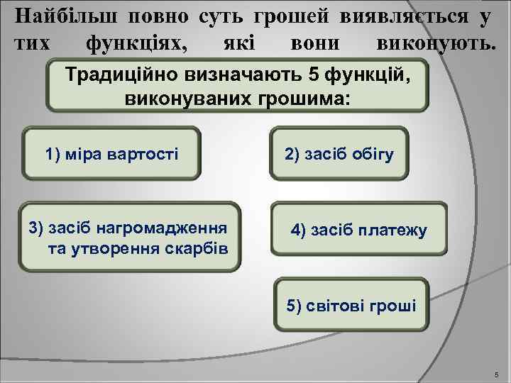 Найбільш повно суть грошей виявляється у тих функціях, які вони виконують. Традиційно визначають 5