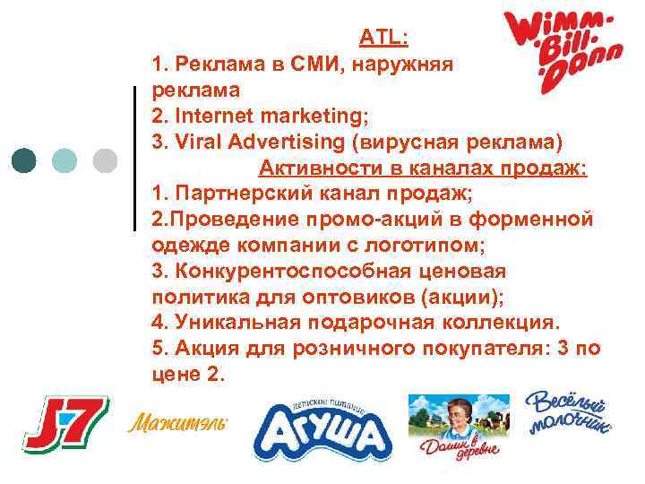  ATL: 1. Реклама в СМИ, наружняя реклама 2. Internet marketing; 3. Viral Advertising