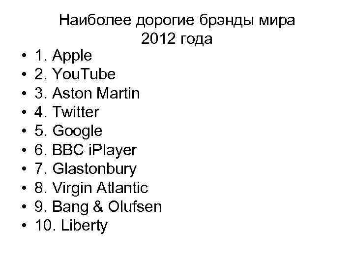  • • • Наиболее дорогие брэнды мира 2012 года 1. Apple 2. You.