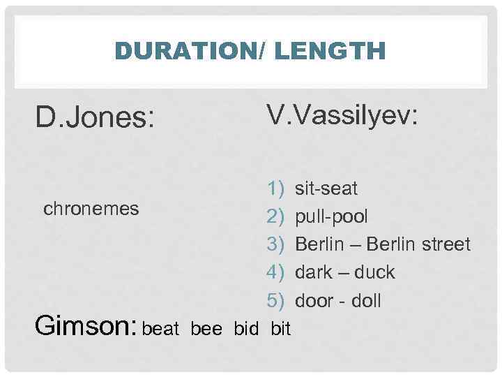 DURATION/ LENGTH D. Jones: V. Vassilyev: 1) sit-seat chronemes 2) pull-pool 3) Berlin –