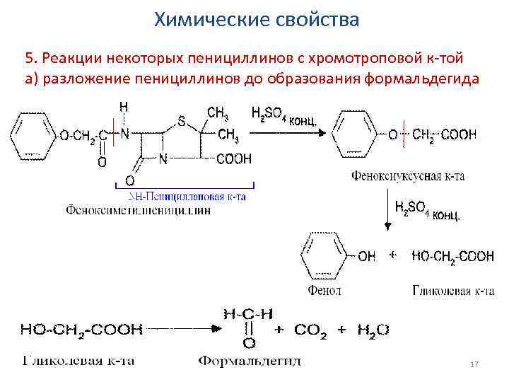 Химические свойства 5. Реакции некоторых пенициллинов с хромотроповой к-той а) разложение пенициллинов до образования