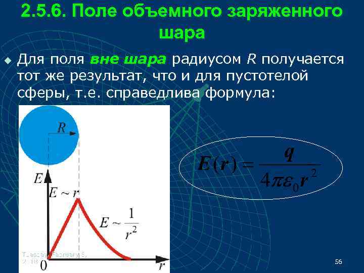 2. 5. 6. Поле объемного заряженного шара u Для поля вне шара радиусом R