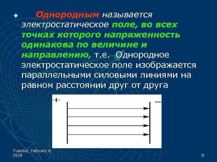 u Однородным называется электростатическое поле, во всех точках которого напряженность одинакова по величине и