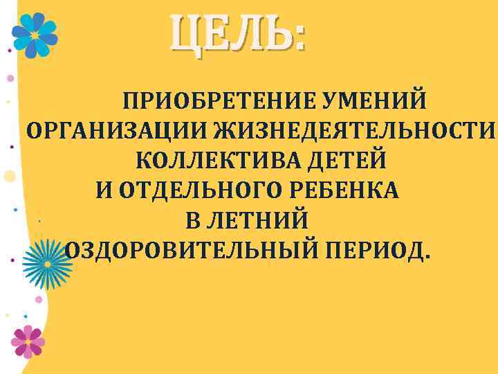 ЦЕЛЬ: ПРИОБРЕТЕНИЕ УМЕНИЙ ОРГАНИЗАЦИИ ЖИЗНЕДЕЯТЕЛЬНОСТИ КОЛЛЕКТИВА ДЕТЕЙ И ОТДЕЛЬНОГО РЕБЕНКА В ЛЕТНИЙ ОЗДОРОВИТЕЛЬНЫЙ ПЕРИОД.