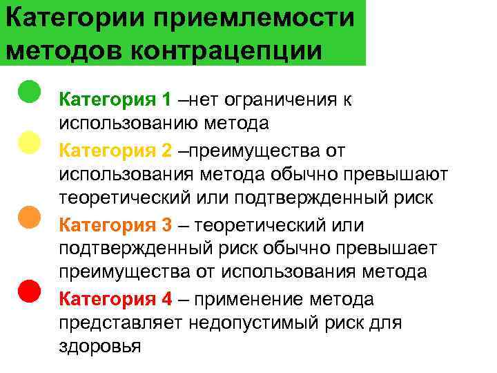 Категории приемлемости методов контрацепции l l Категория 1 –нет ограничения к использованию метода Категория