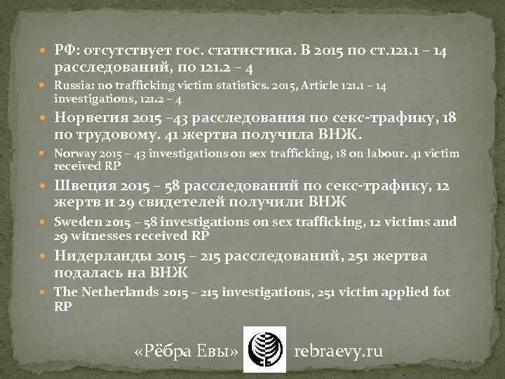  РФ: отсутствует гос. статистика. В 2015 по ст. 121. 1 – 14 расследований,