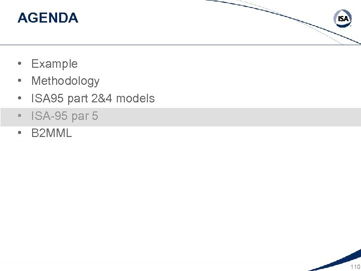 AGENDA • • • Example Methodology ISA 95 part 2&4 models ISA-95 par 5