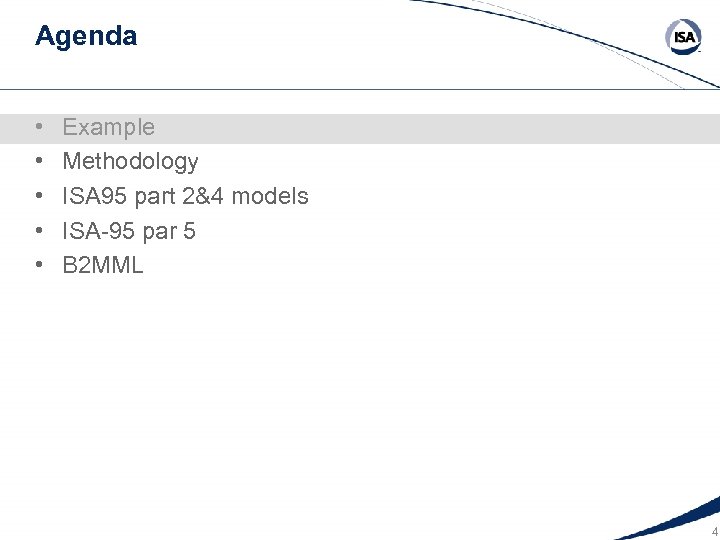 Agenda • • • Example Methodology ISA 95 part 2&4 models ISA-95 par 5