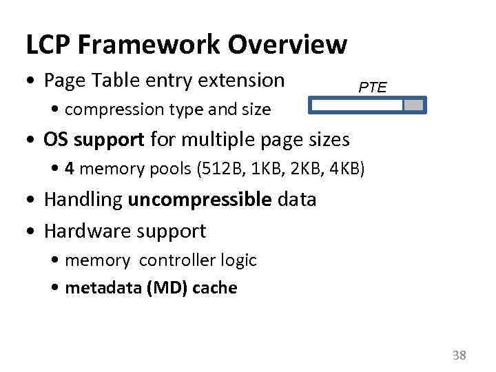 LCP Framework Overview • Page Table entry extension PTE • compression type and size