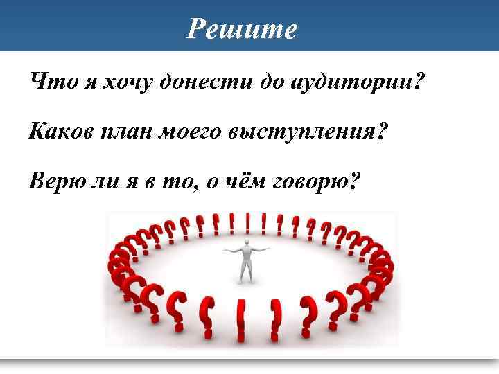 Решите Что я хочу донести до аудитории? Каков план моего выступления? Верю ли я