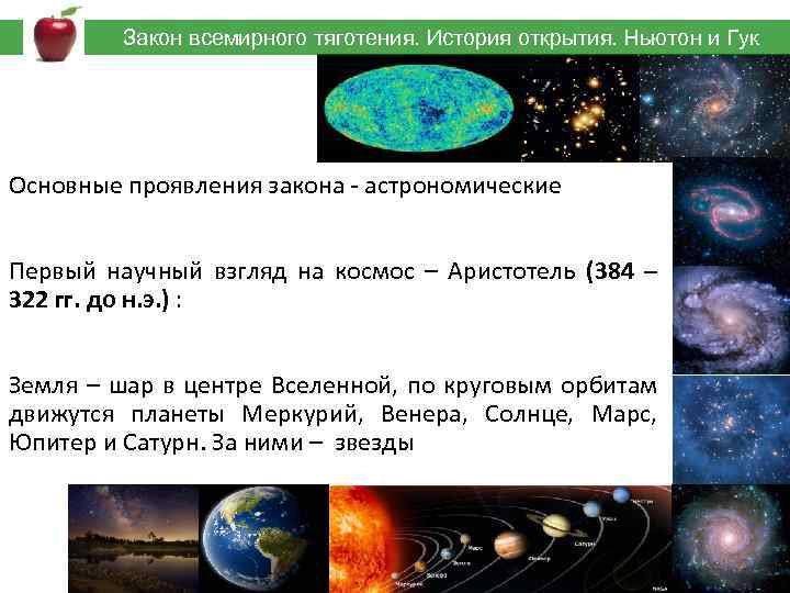  Закон всемирного тяготения. История открытия. Ньютон и Гук Основные проявления закона - астрономические