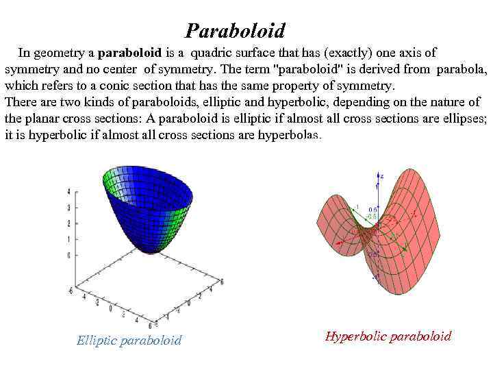 Paraboloid In geometry a paraboloid is a quadric surface that has (exactly) one axis