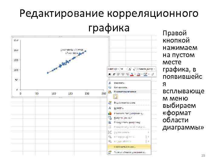 Редактирование корреляционного графика Правой кнопкой нажимаем на пустом месте графика, в появившейс я всплывающе
