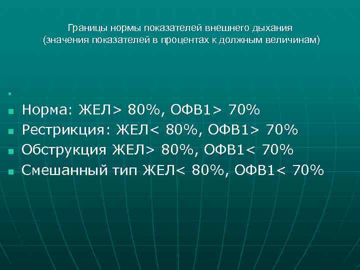 Границы нормы показателей внешнего дыхания (значения показателей в процентах к должным величинам) n n