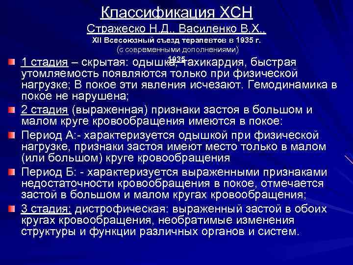 Классификация ХСН Стражеско Н. Д. , Василенко В. Х. , XII Всесоюзный съезд терапевтов