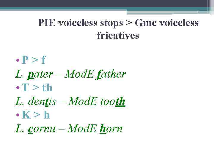 PIE voiceless stops > Gmc voiceless fricatives • P > f L. pater –