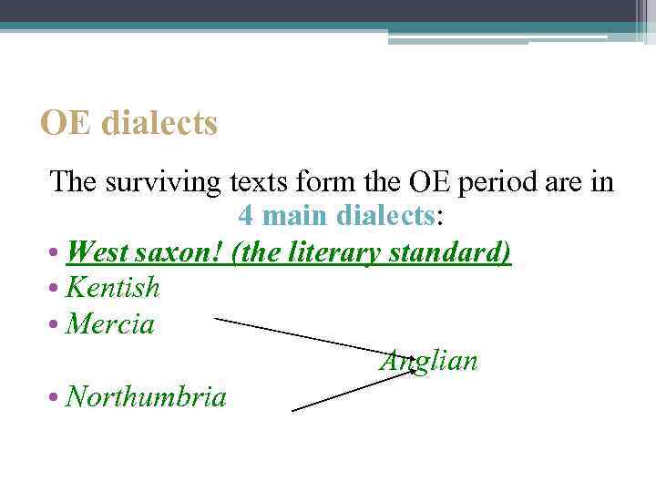 OE dialects The surviving texts form the OE period are in 4 main dialects: