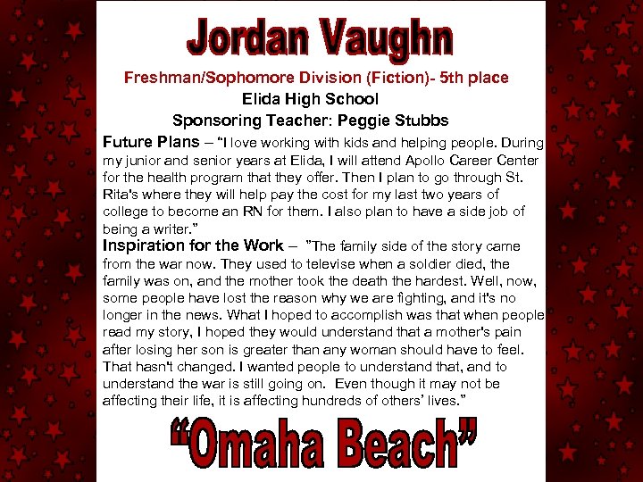 Freshman/Sophomore Division (Fiction)- 5 th place Elida High School Sponsoring Teacher: Peggie Stubbs Future
