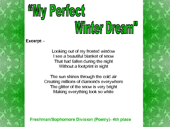 Excerpt – Looking out of my frosted window I see a beautiful blanket of