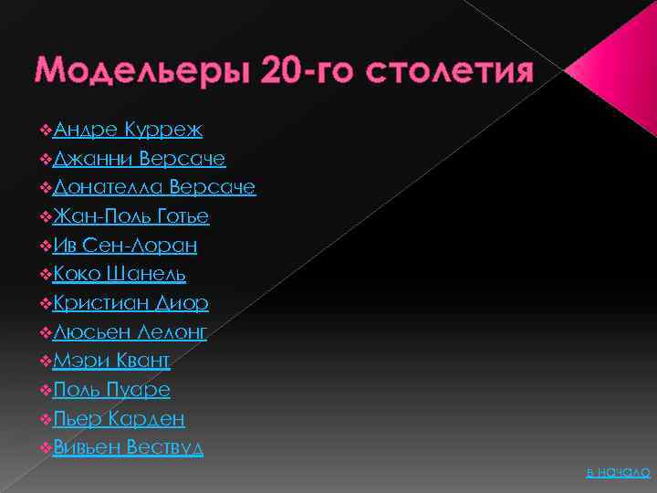 Модельеры 20 -го столетия v. Андре Курреж v. Джанни Версаче v. Донателла Версаче v.