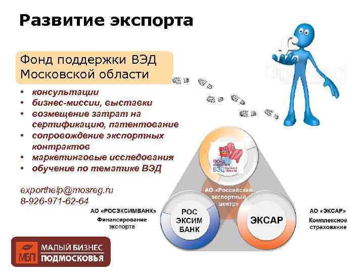 Развитие экспорта Фонд поддержки ВЭД Московской области • консультации • бизнес-миссии, выставки • возмещение