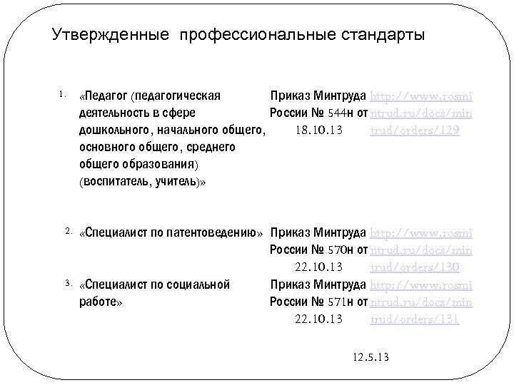 Утвержденные профессиональные стандарты 1. 2. 3. «Педагог (педагогическая Приказ Минтруда http: //www. rosmi деятельность