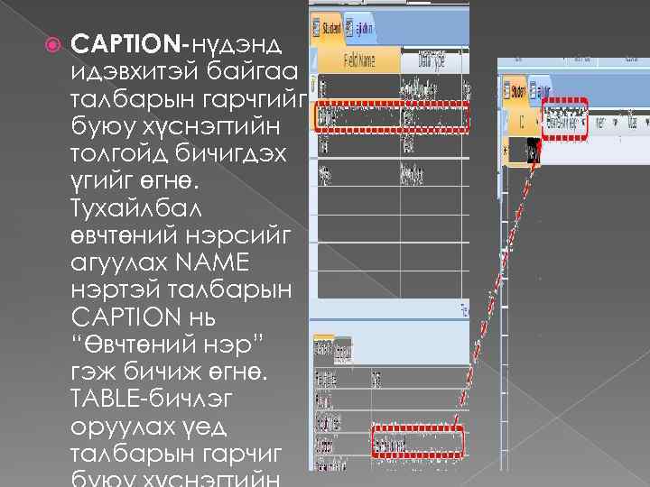  CAPTION-нүдэнд идэвхитэй байгаа талбарын гарчгийг буюу хүснэгтийн толгойд бичигдэх үгийг өгнө. Тухайлбал өвчтөний