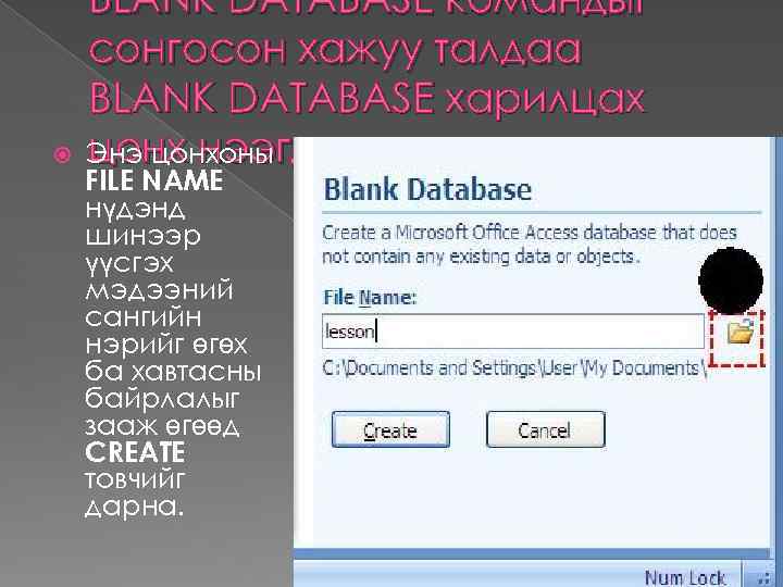 BLANK DATABASE командыг сонгосон хажуу талдаа BLANK DATABASE харилцaх цонх нээгдэнэ. Энэ цонхоны FILE