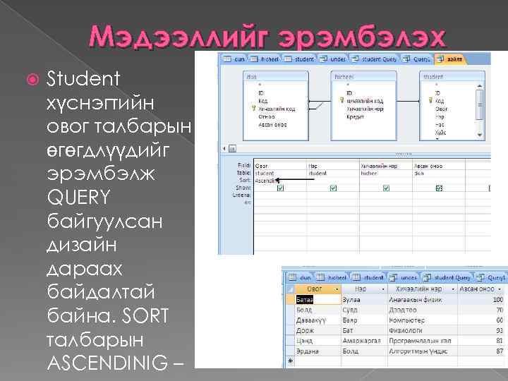 Мэдээллийг эрэмбэлэх Student хүснэгтийн овог талбарын өгөгдлүүдийг эрэмбэлж QUERY байгуулсан дизайн дараах байдалтай байна.