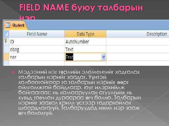 FIELD NAME буюу талбарын нэр Мэдээний нэг төрлийн элементийг хадгалах талбарын нэрийг заадаг. Үүнтэй