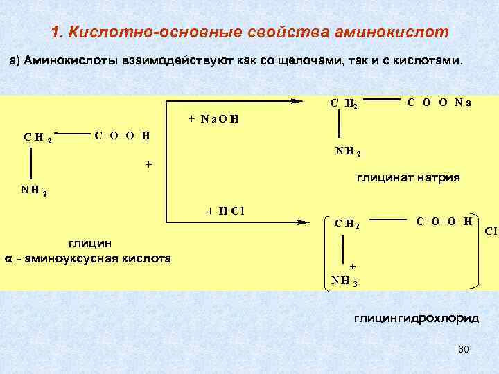 1. Кислотно-основные свойства аминокислот а) Аминокислоты взаимодействуют как со щелочами, так и с кислотами.