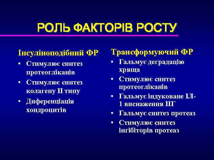 РОЛЬ ФАКТОРІВ РОСТУ Інсуліноподібний ФР Трансформуючий ФР • Стимулює синтез протеогліканів • Стимулює синтез