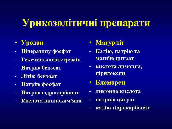 Урикозолітичні препарати • Уродан • Магурліт - - Калію, натрію та магнію цитрат -