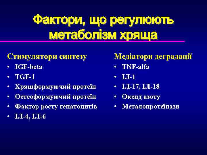 Фактори, що регулюють метаболізм хряща Стимулятори синтезу Медіатори деградації • • • IGF-beta TGF-1