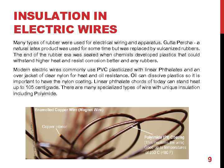 INSULATION IN ELECTRIC WIRES Many types of rubber were used for electrical wiring and