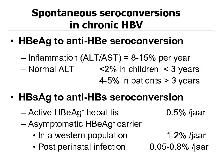 Spontaneous seroconversions in chronic HBV • HBe. Ag to anti-HBe seroconversion – Inflammation (ALT/AST)