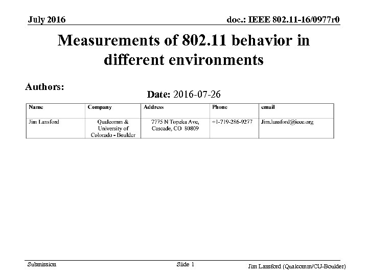 doc. : IEEE 802. 11 -16/0977 r 0 July 2016 Measurements of 802. 11