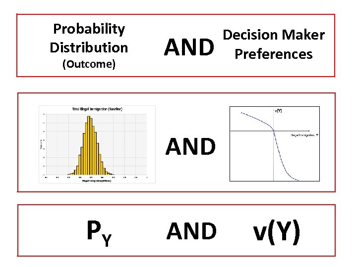 Probability Distribution (Outcome) AND Decision Maker Preferences AND PY AND v(Y) 