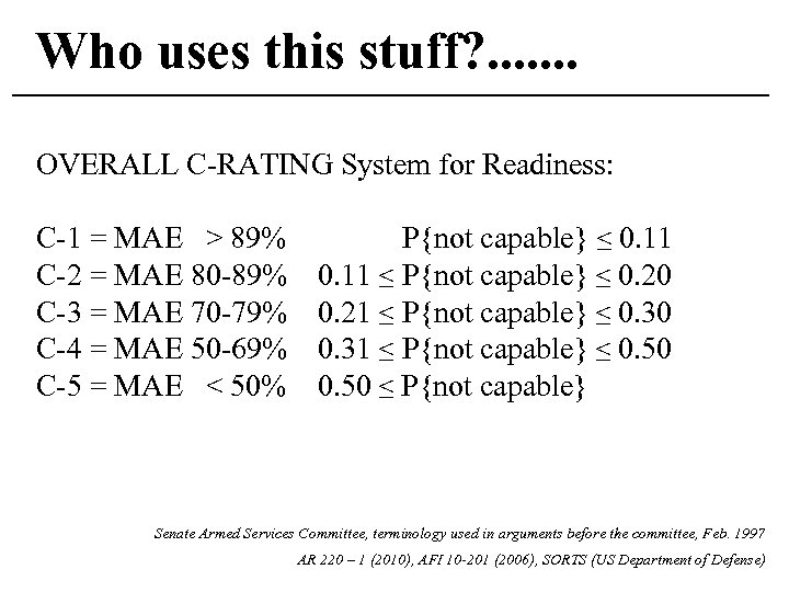 Who uses this stuff? . . . . OVERALL C-RATING System for Readiness: C-1