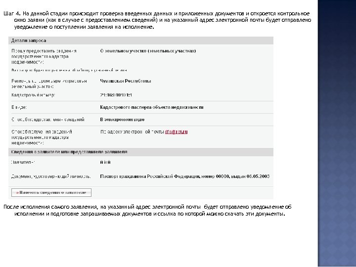 Шаг 4. На данной стадии происходит проверка введенных данных и приложенных документов и откроется