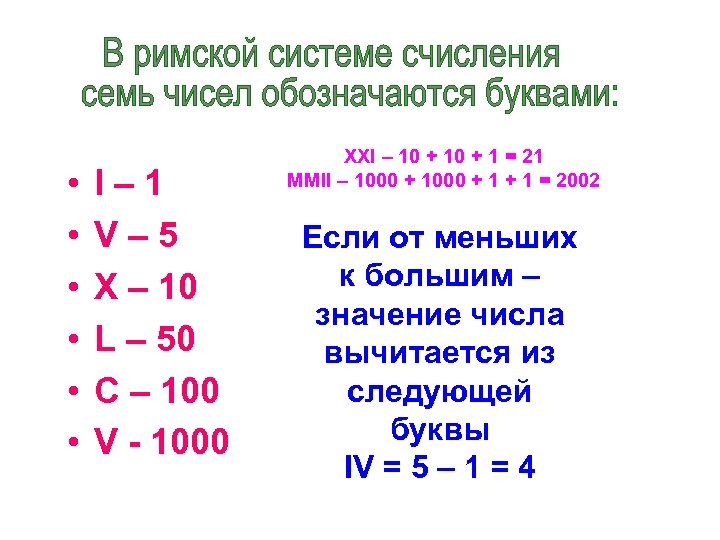  • • • I – 1 V – 5 X – 10 L