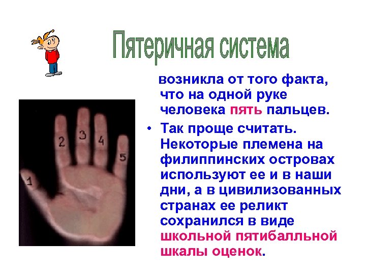  возникла от того факта, что на одной руке человека пять пальцев. • Так