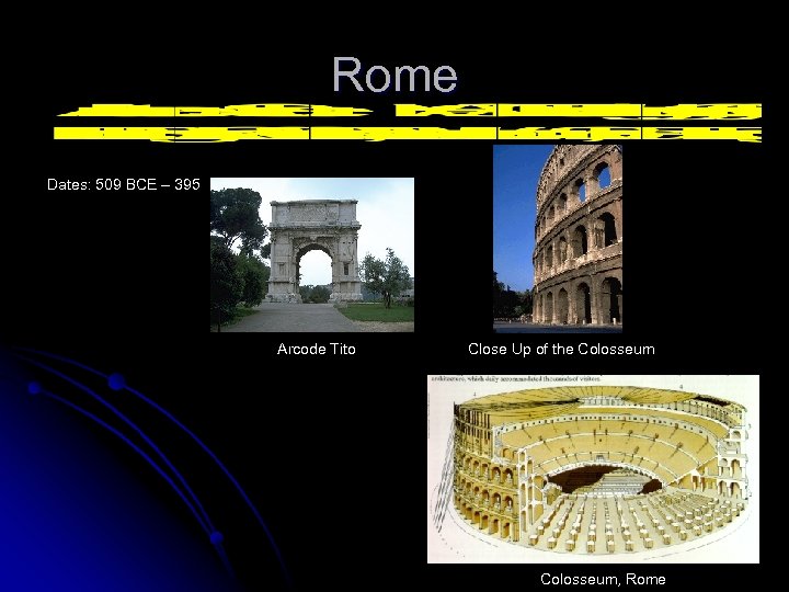 Rome Dates: 509 BCE – 395 Arcode Tito Close Up of the Colosseum, Rome