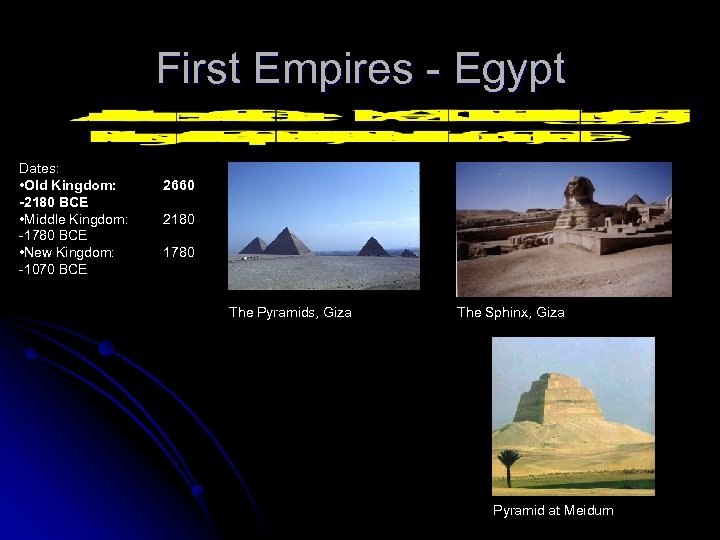 First Empires - Egypt Dates: • Old Kingdom: -2180 BCE • Middle Kingdom: -1780