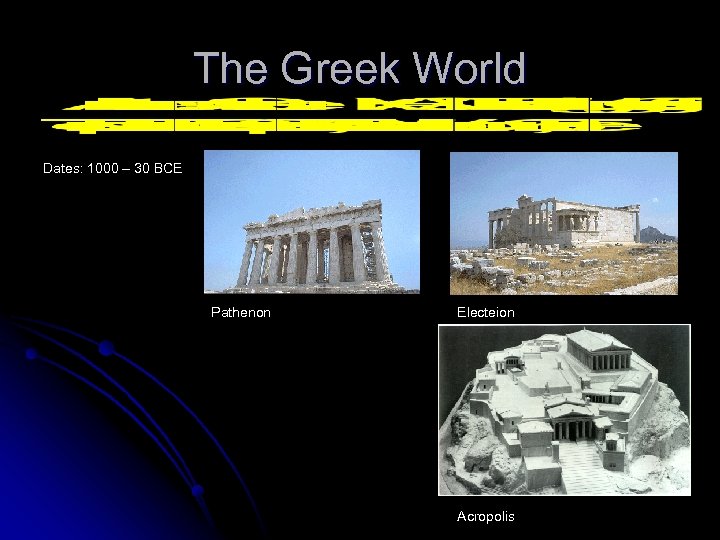 The Greek World Dates: 1000 – 30 BCE Pathenon Electeion Acropolis 